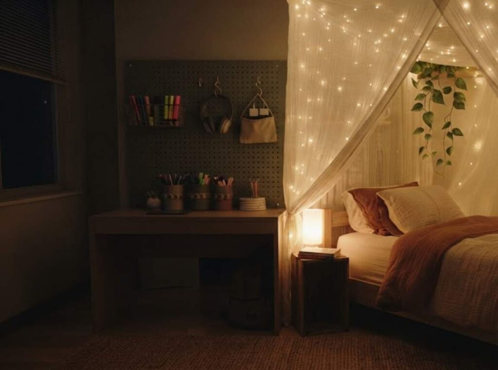 a dorm bed with a sheer white canopy draped overhead