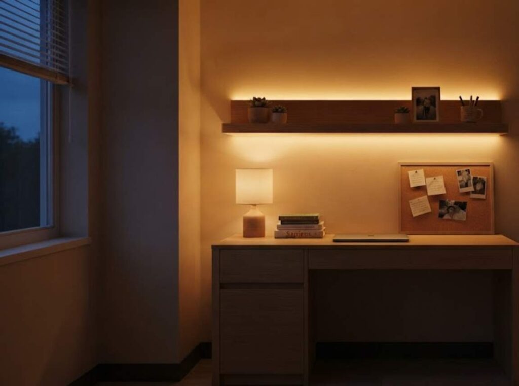 a dorm desk with a warm amber LED