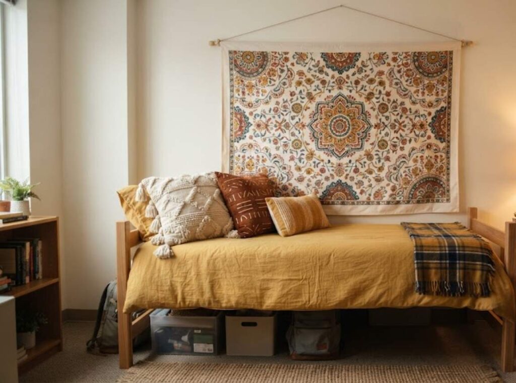 a large fabric tapestry with a boho
