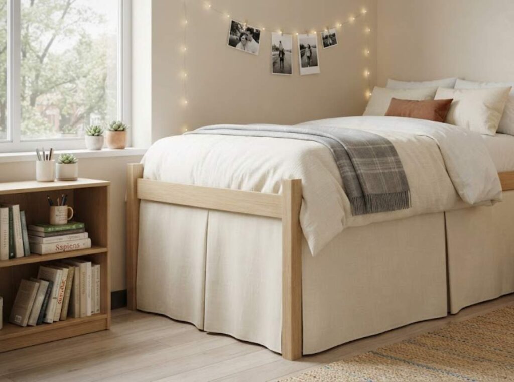 a shared dorm room split by a soft linen curtain