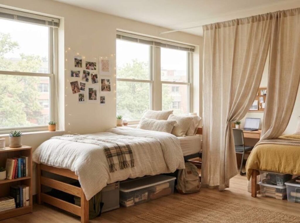 a shared dorm room split by a soft linen curtain