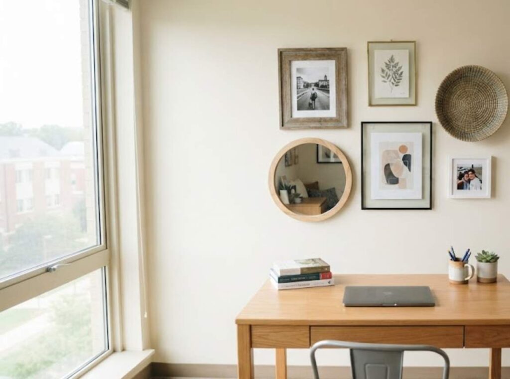 a small dorm gallery wall with mixed frames