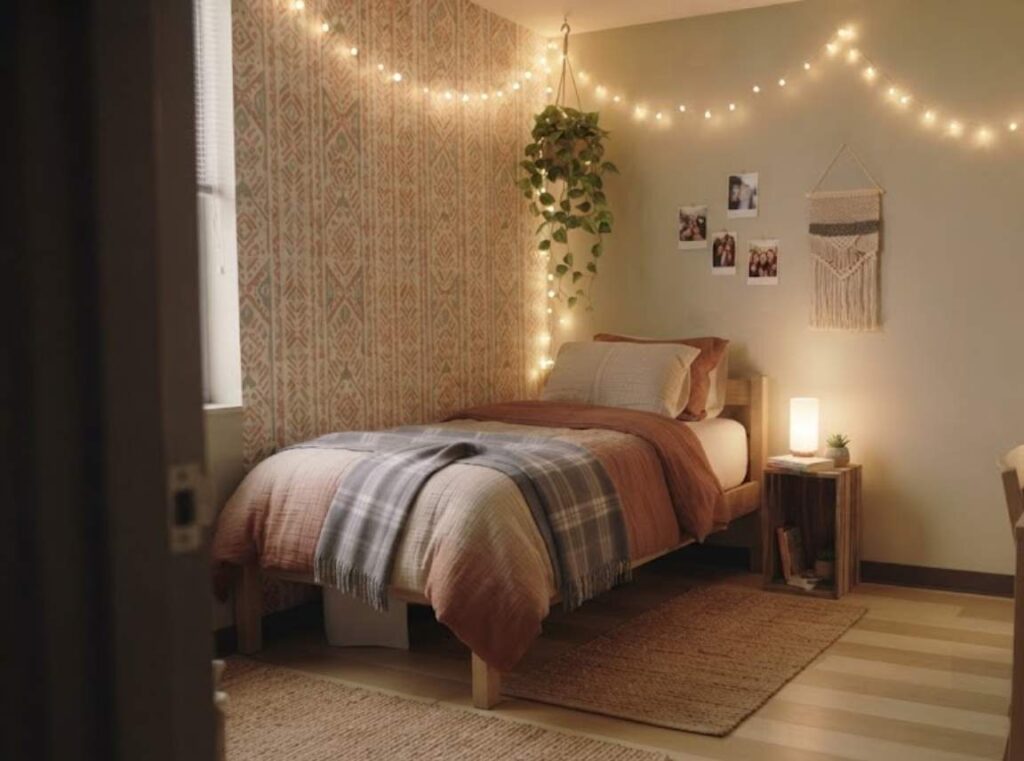 fully decorated budget dorm room shown from the doorway