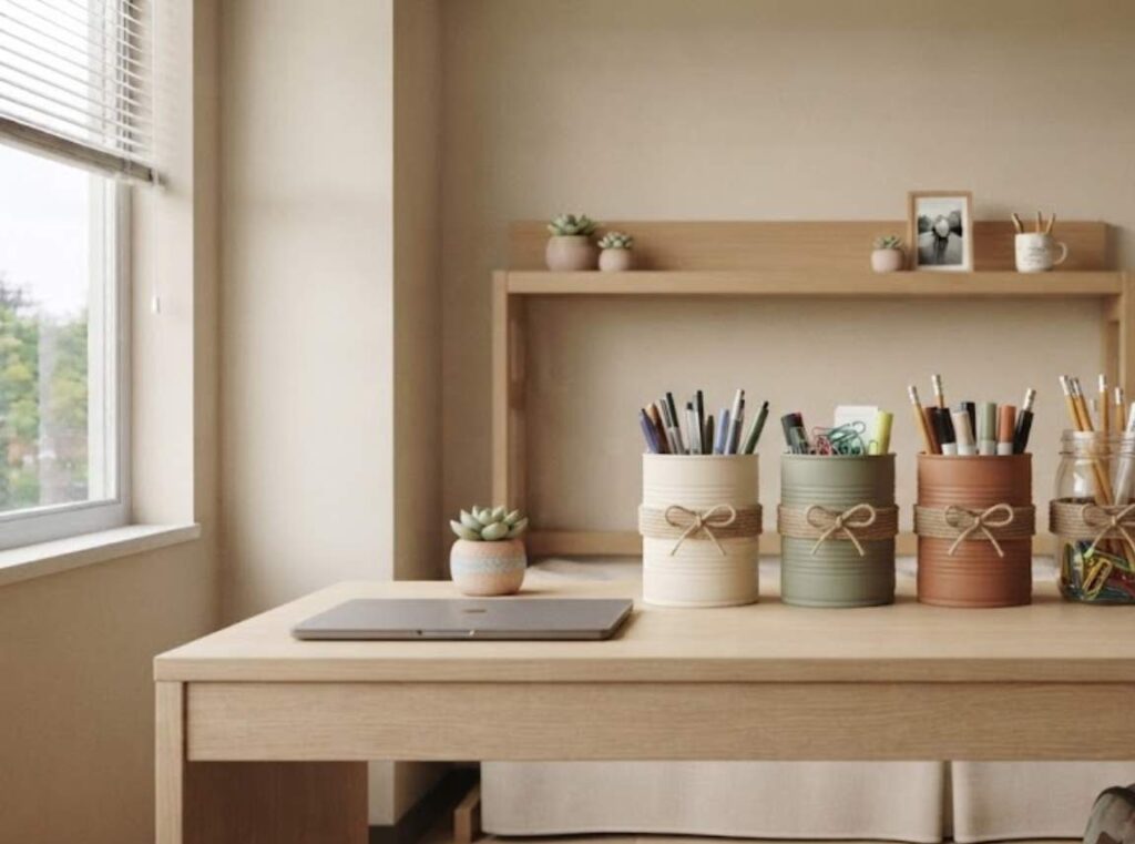 row of painted tin cans and mason jars on a dorm desk