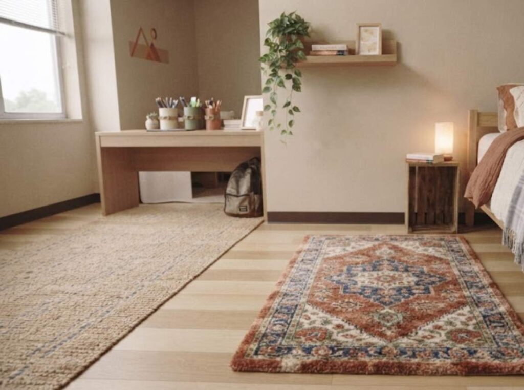 small patterned area rug layered