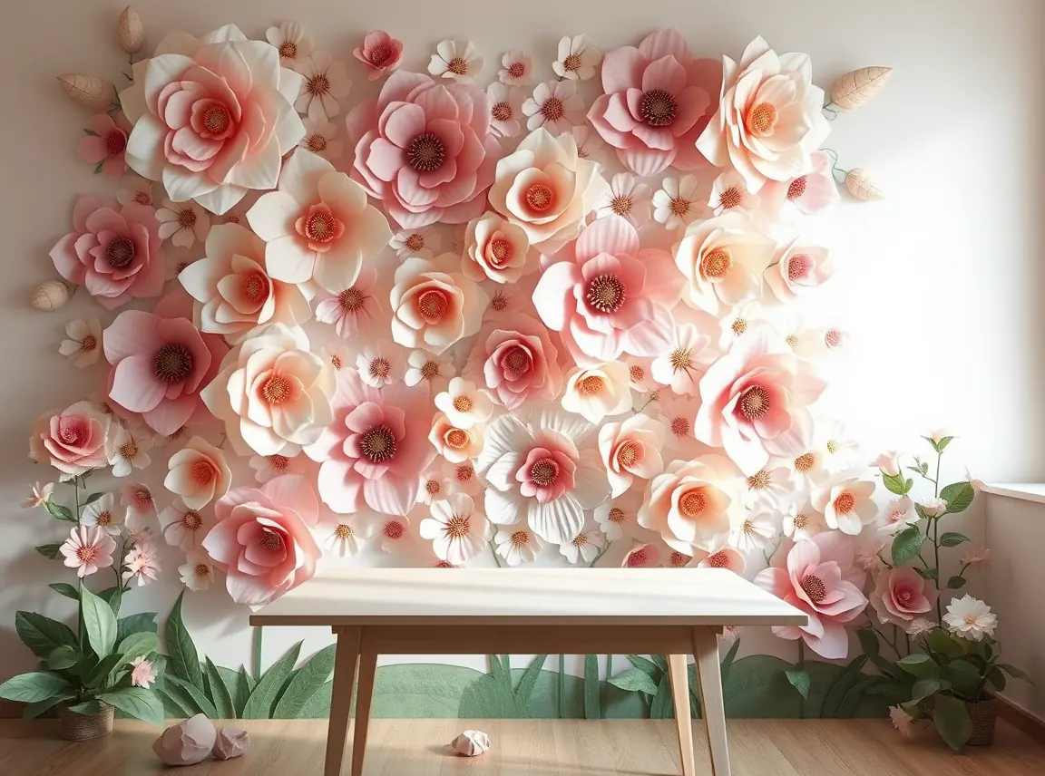 A backdrop wall covered in oversized handmade paper flowers in soft pastel tones behind a table, whimsical and elegant, no