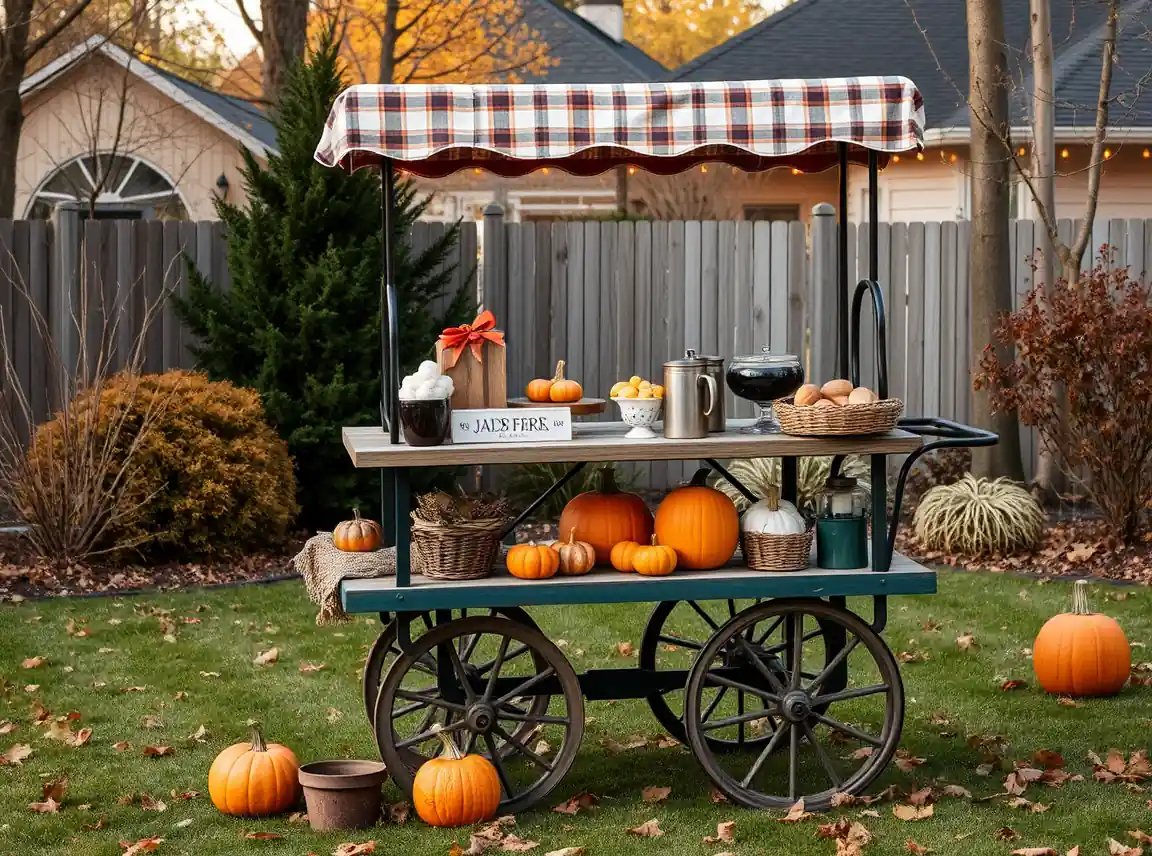 A backyard cart set up as a s'mores and warm cider station with mugs and pumpkins, cozy and inviting, no people, warm light