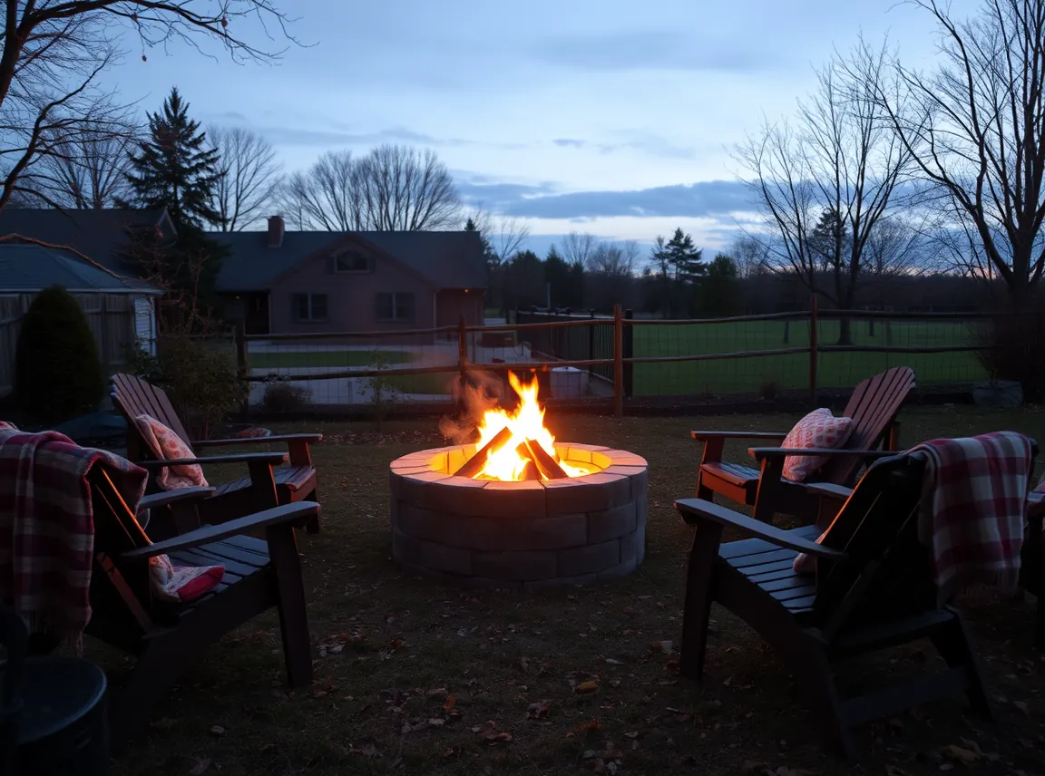 A backyard fire pit glowing with flames surrounded by chairs and blankets on a fall evening, warm and inviting, no people