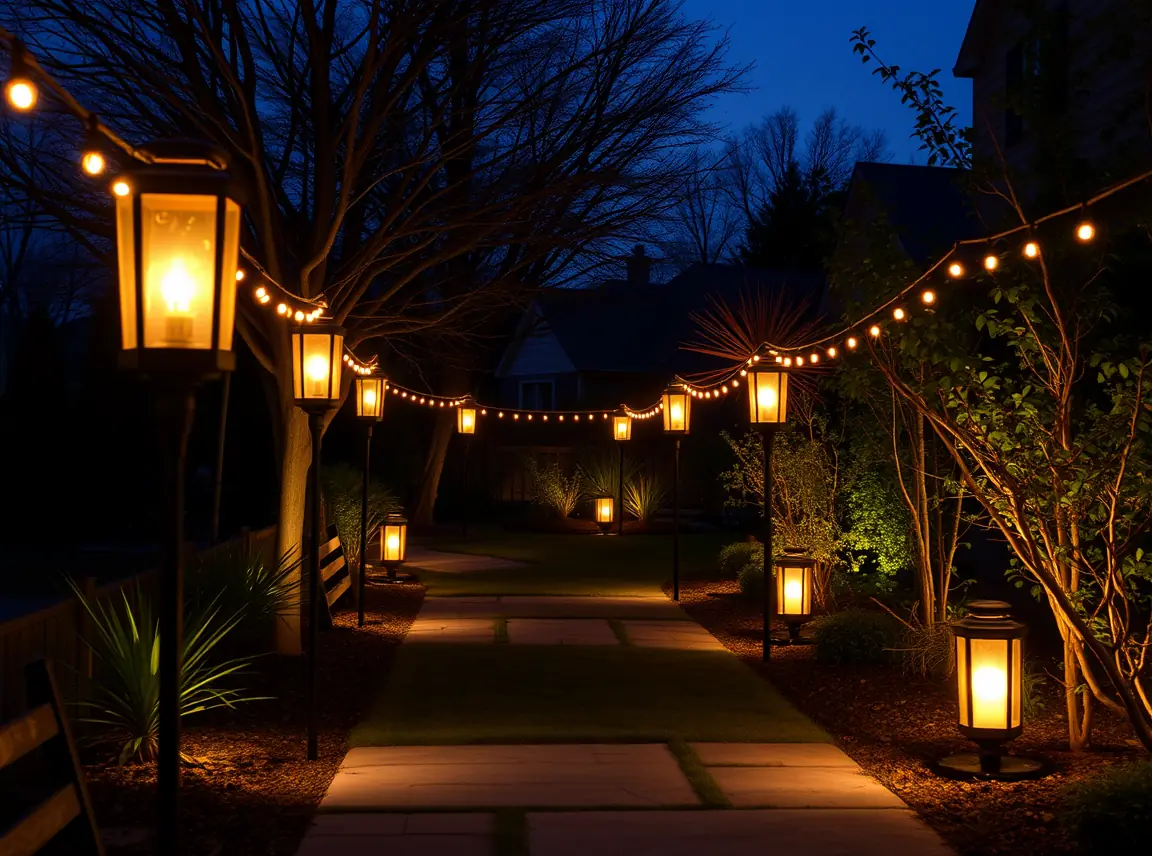 A backyard pathway lined with glowing lanterns and solar lights at night, magical and warm, no people, dark blue dusk