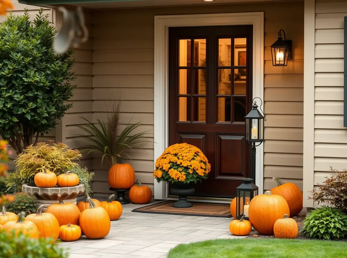A backyard patio entrance styled with pumpkins, a potted mum, and a lantern beside the door, warm and welcoming, no people