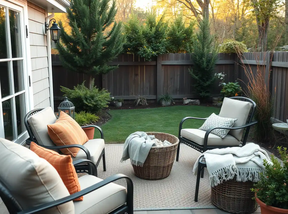 A backyard seating area with cushioned chairs, warm pillows, and a basket of blankets, cozy and inviting, no people, soft