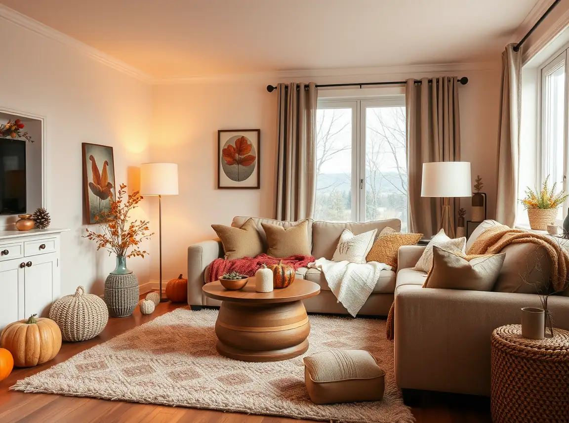 A balanced cozy fall living room with warm lamp light, a plush rug, a layered sofa, and just a few seasonal touches, snug