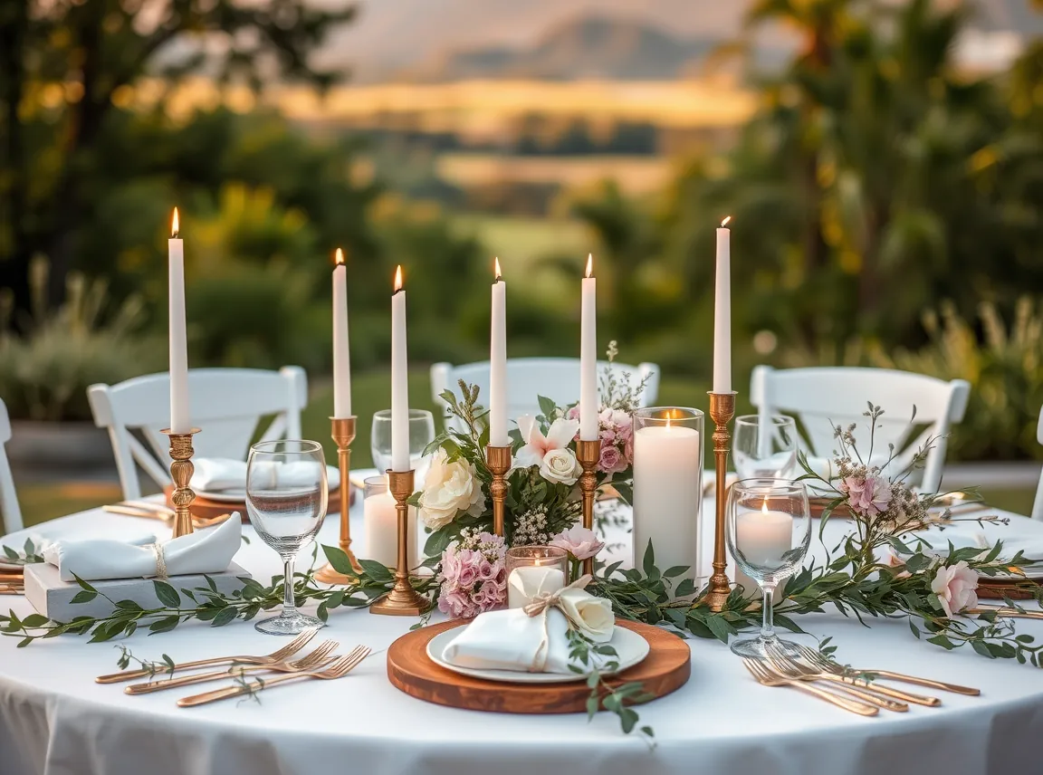 A beautifully decorated budget wedding table with candles, greenery, and simple flowers, elegant and complete, no people
