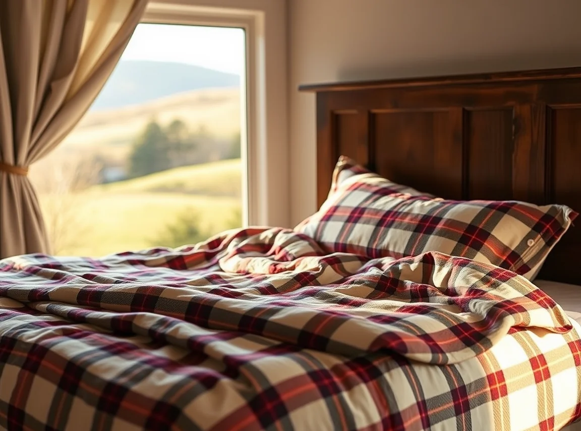 A bed made with soft flannel sheets in a warm plaid pattern, cozy and inviting, no people, warm morning light, landscape