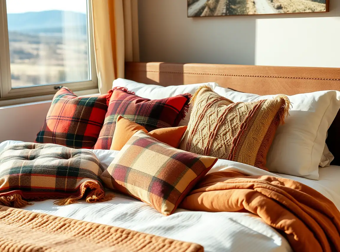 A bed styled with fall throw pillows in plaid, velvet, and rust colors in mixed sizes, cozy and layered, no people, warm