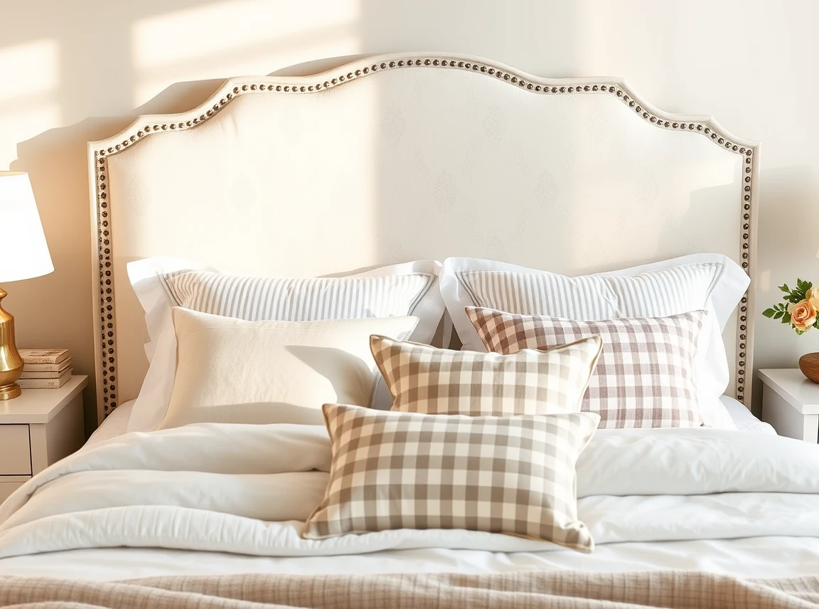 A bed with a scalloped upholstered headboard in soft white fabric, layered with striped and gingham pillows, cozy and