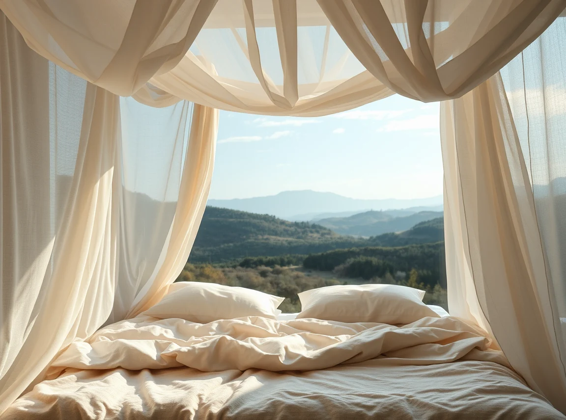A bed with soft fabric drapes hung around the head like a canopy, snug cocoon feel, no people, warm cozy light, landscape