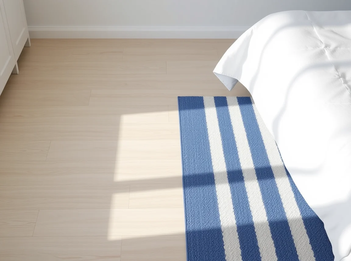 A bedroom floor with a blue and white striped rug beside the bed, clean lines, soft shadows, bright and tidy space