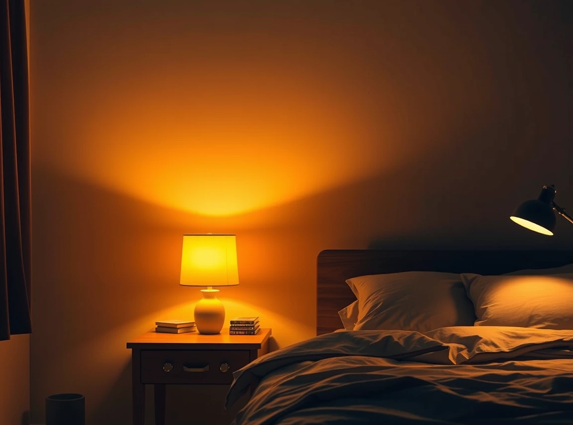 A bedroom lit by a warm bedside lamp and a desk lamp with the overhead off, cozy layered glow, landscape photo