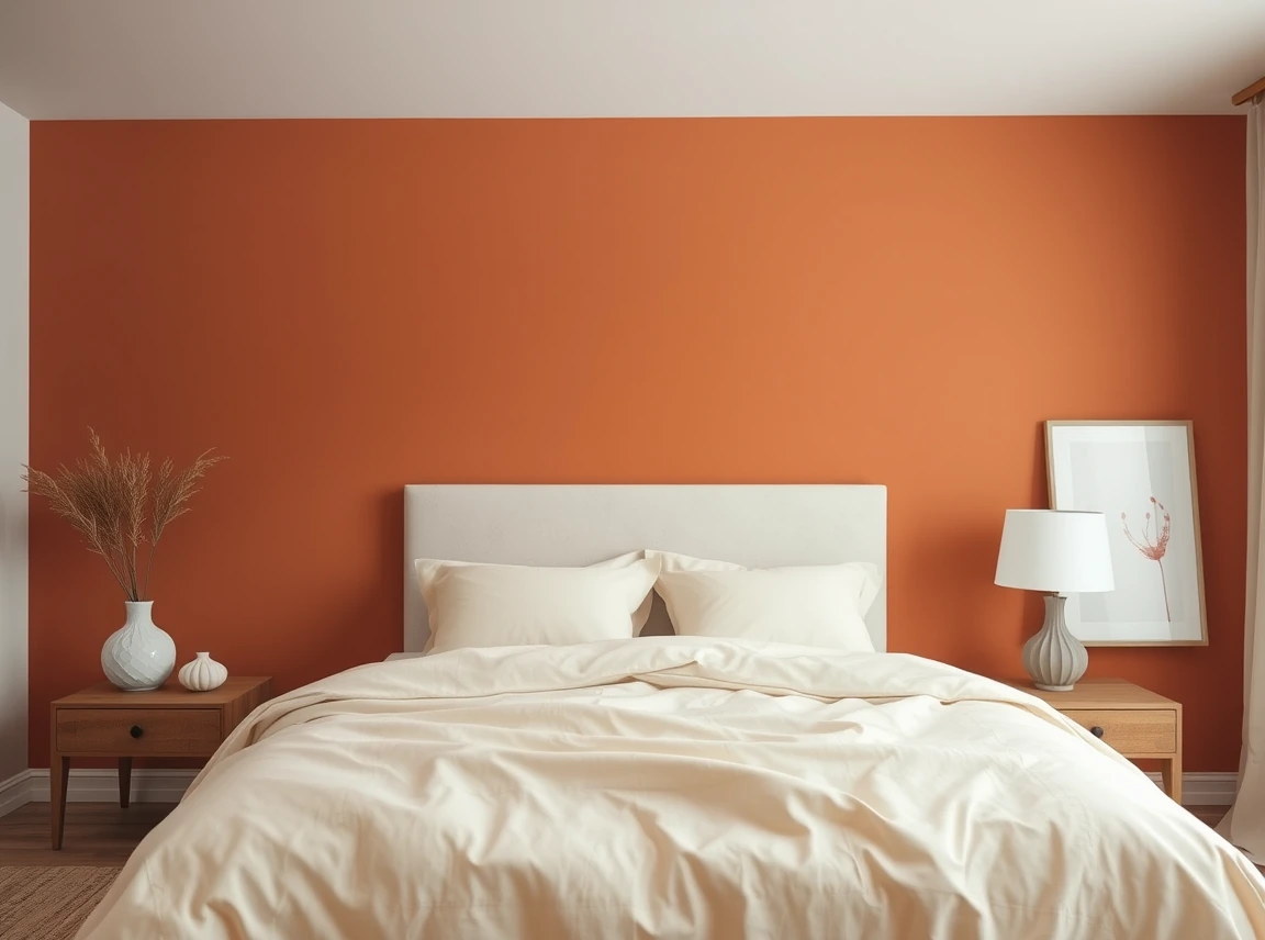 A bedroom wall painted in a warm terracotta tone behind a bed with cream bedding, cozy earthy color, no people, soft
