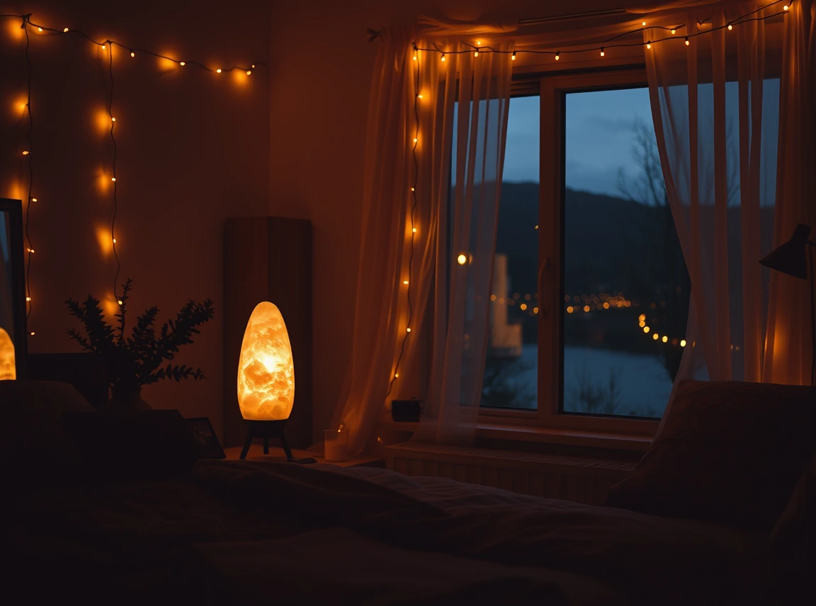 A bedroom with a salt lamp and amber string lights casting a warm golden glow at night, cozy layered light, no people