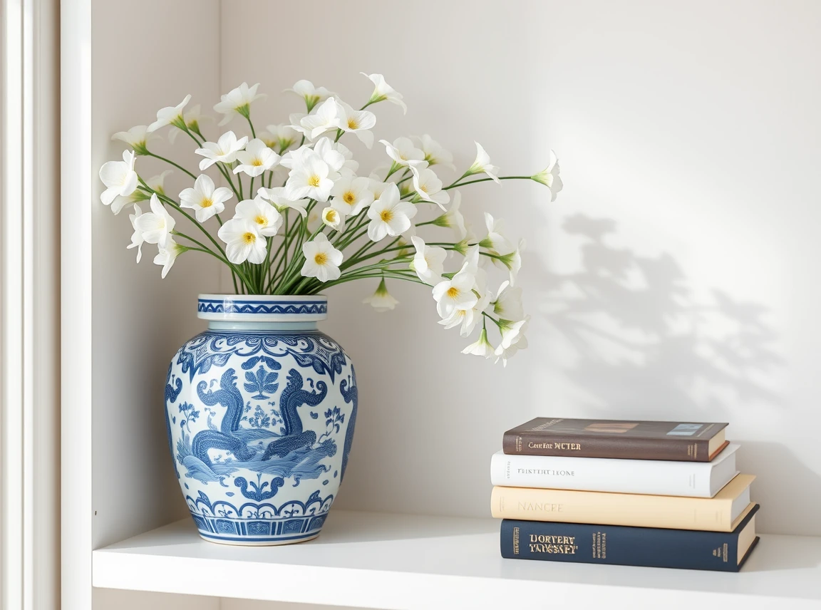 A blue and white ginger jar vase filled with white flowers on a white shelf, next to a stack of books, crisp and classic