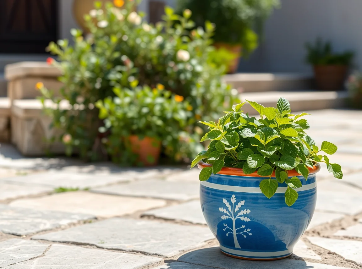 A blue and white painted garden pot with a simple pattern holding a green plant on a stone patio, fresh and Mediterranean