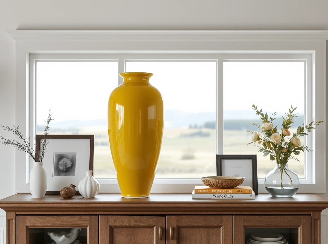 A bold decorative vase as a statement piece on a hutch shelf surrounded by simple decor, eye-catching focal point, no