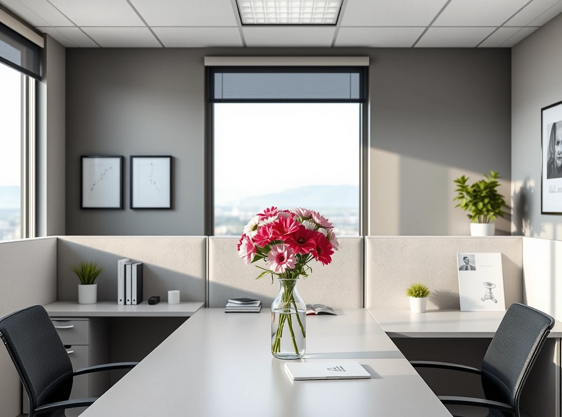 A bold vase with fresh flowers as a statement piece on a clean cubicle desk surrounded by simple decor, eye-catching focal