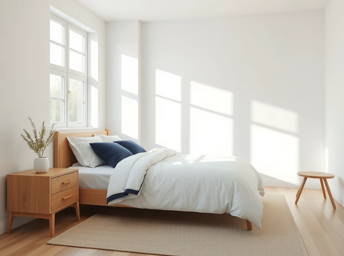 A bright bedroom with crisp white walls, a neatly made bed with white and navy bedding, and simple wood furniture, clean and