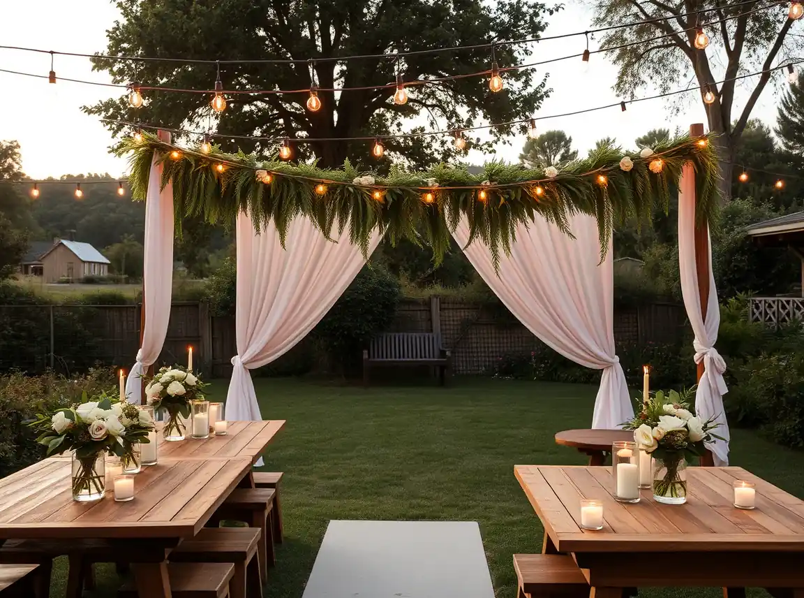A budget backyard wedding setup with a draped fabric and greenery backdrop, string lights overhead, simple flower