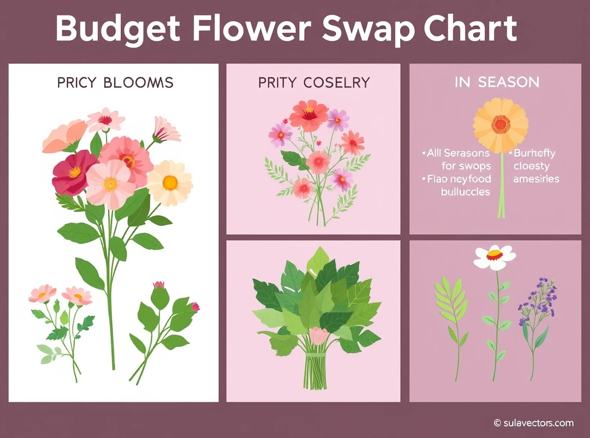 A budget flower swap chart showing pricey blooms next to cheaper greenery and in-season options, no people, flat vector