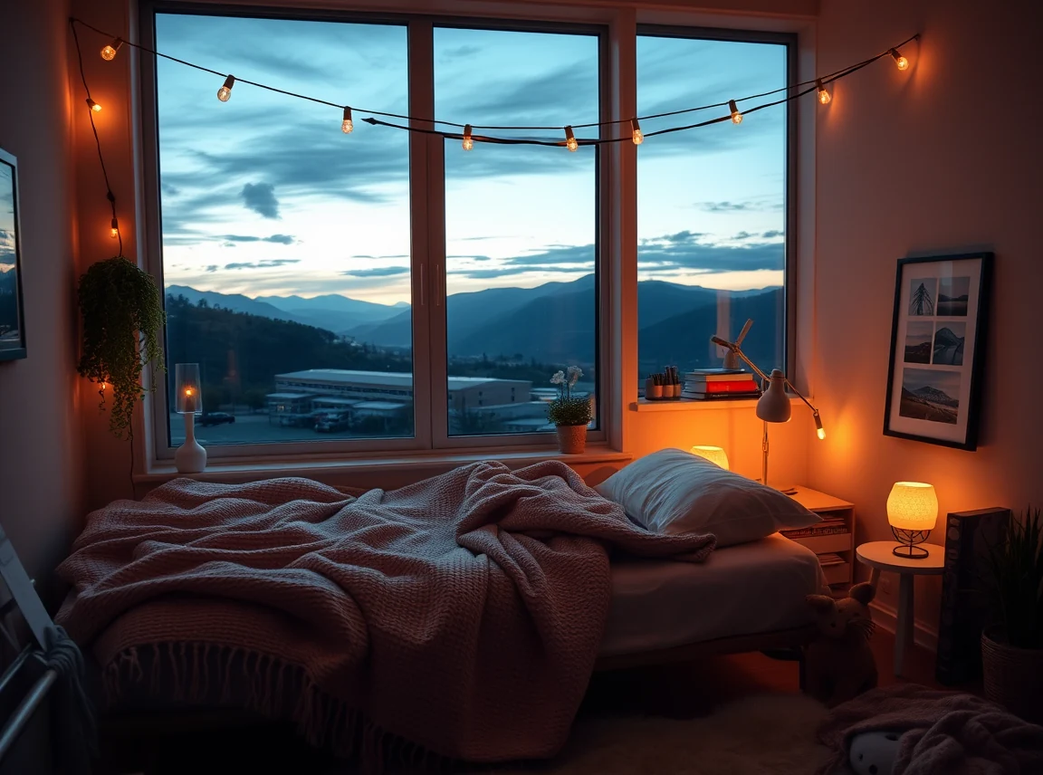 A budget-friendly cozy dorm setup with string lights, a soft throw, framed photos, and a small lamp, warm and homey on a