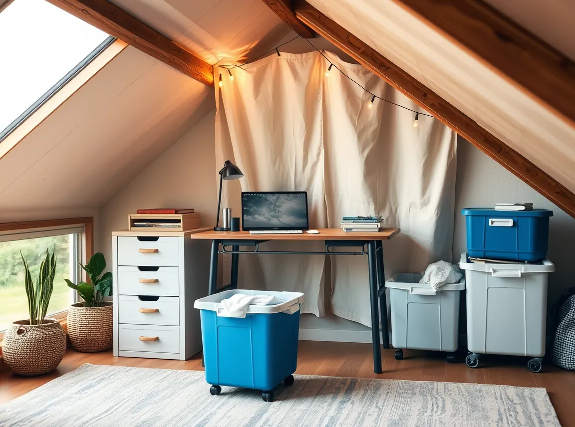 A budget-friendly under-loft dorm setup with a simple desk, rolling storage bins, string lights, and a fabric backdrop, tidy