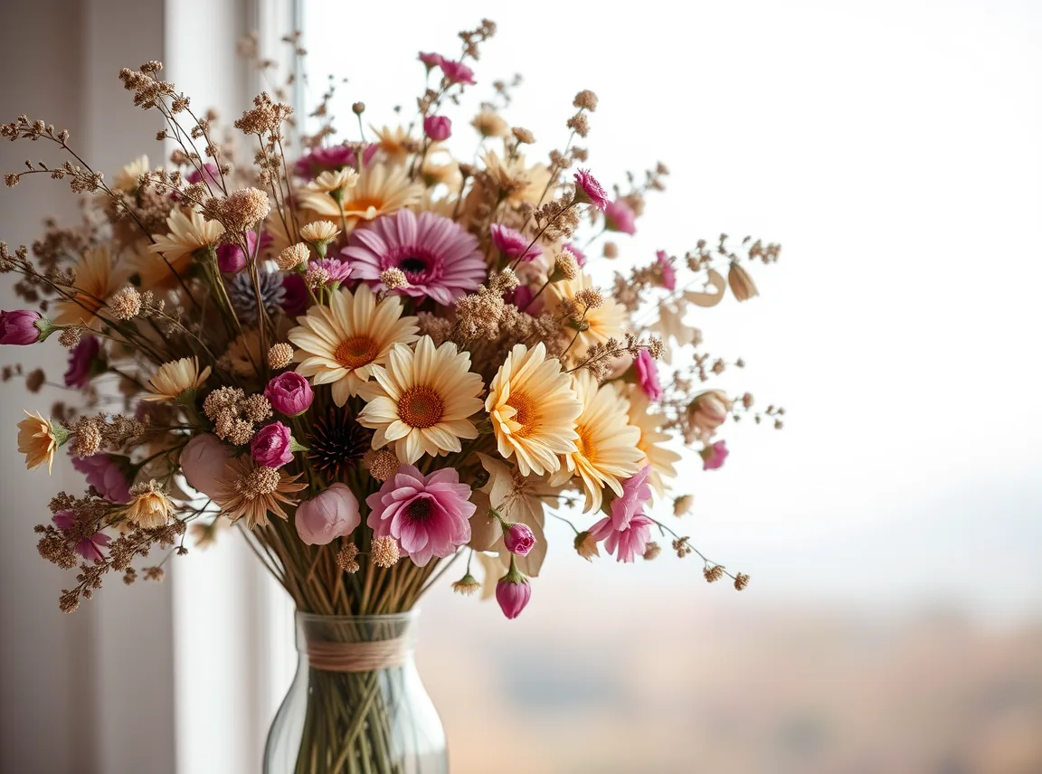 A bunch of dried flowers arranged in a vase as a wedding centerpiece, muted and romantic, no people, soft natural light
