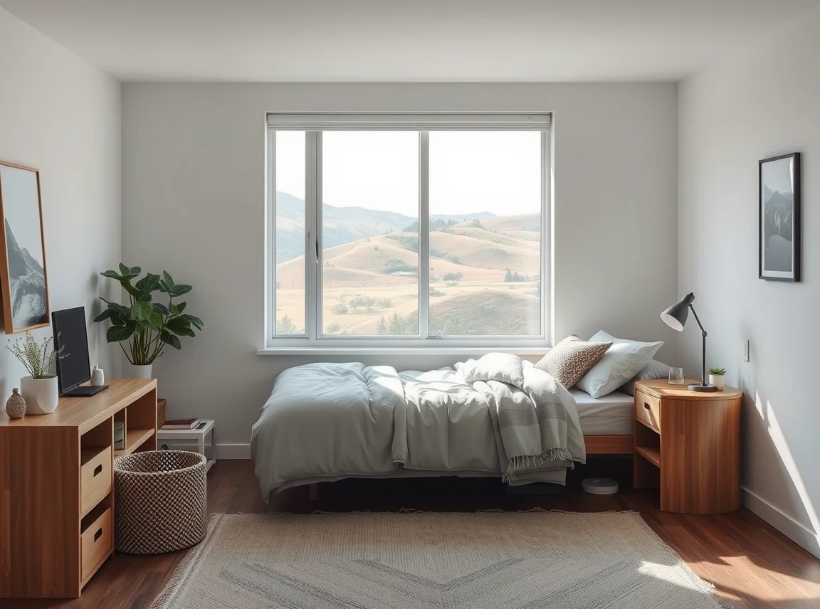A calm, edited dorm room with intentional negative space, a few well-chosen pieces, neutral palette, serene and
