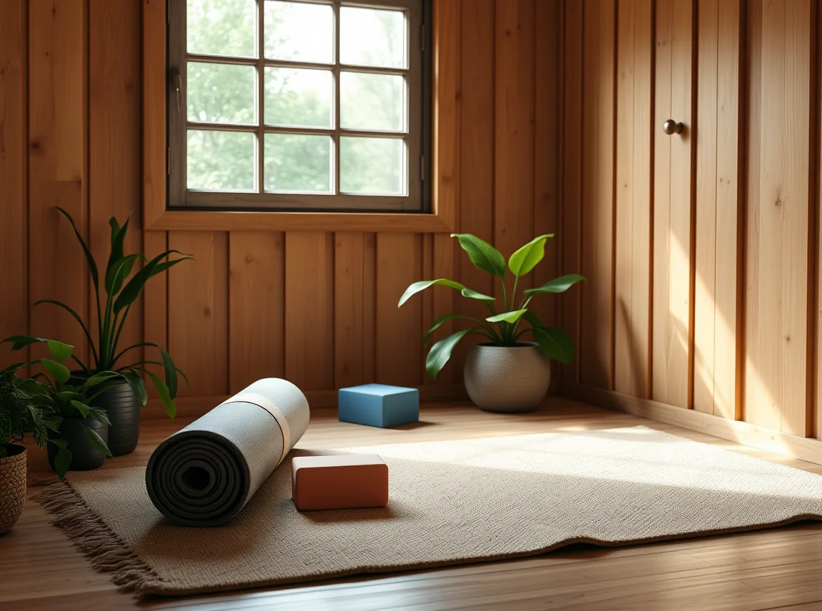 A calm yoga corner in a shed gym with a rolled mat, yoga blocks, and a soft rug, facing a window with green plants nearby
