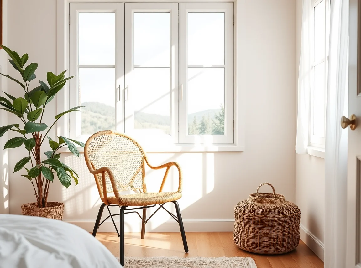 A cane-back chair and a woven rattan basket in a bright bedroom corner with a plant nearby, natural and airy, soft daylight