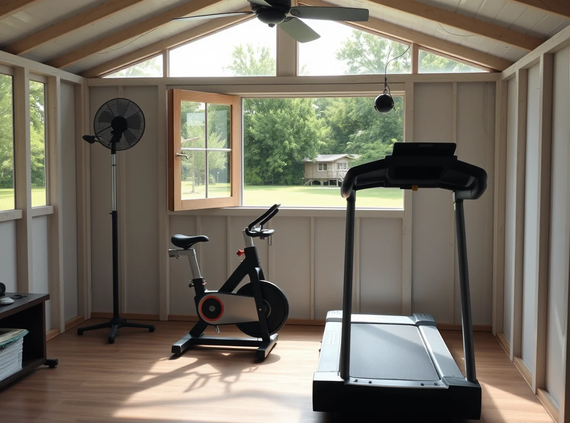 A cardio zone in a shed gym with a treadmill and stationary bike placed near an open window, a wall fan running, green yard