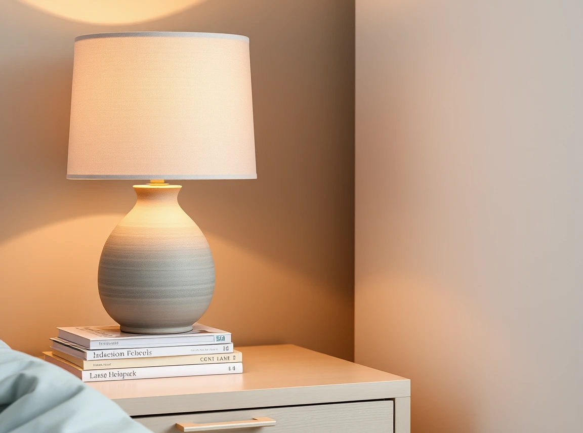 A ceramic table lamp with a linen shade on a dorm nightstand beside a stack of books, warm glow, minimalist styling
