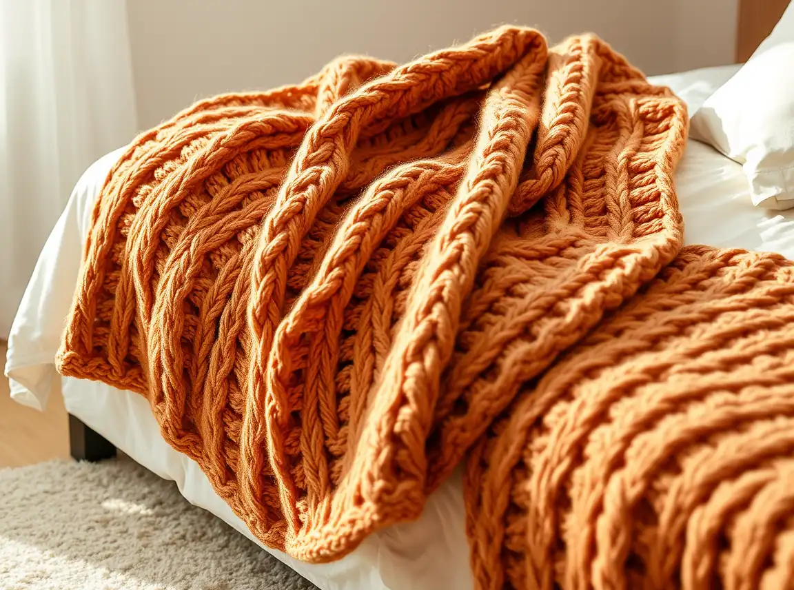 A chunky knit throw blanket in warm caramel draped over the corner of a bed, thick soft texture, no people, cozy warm light