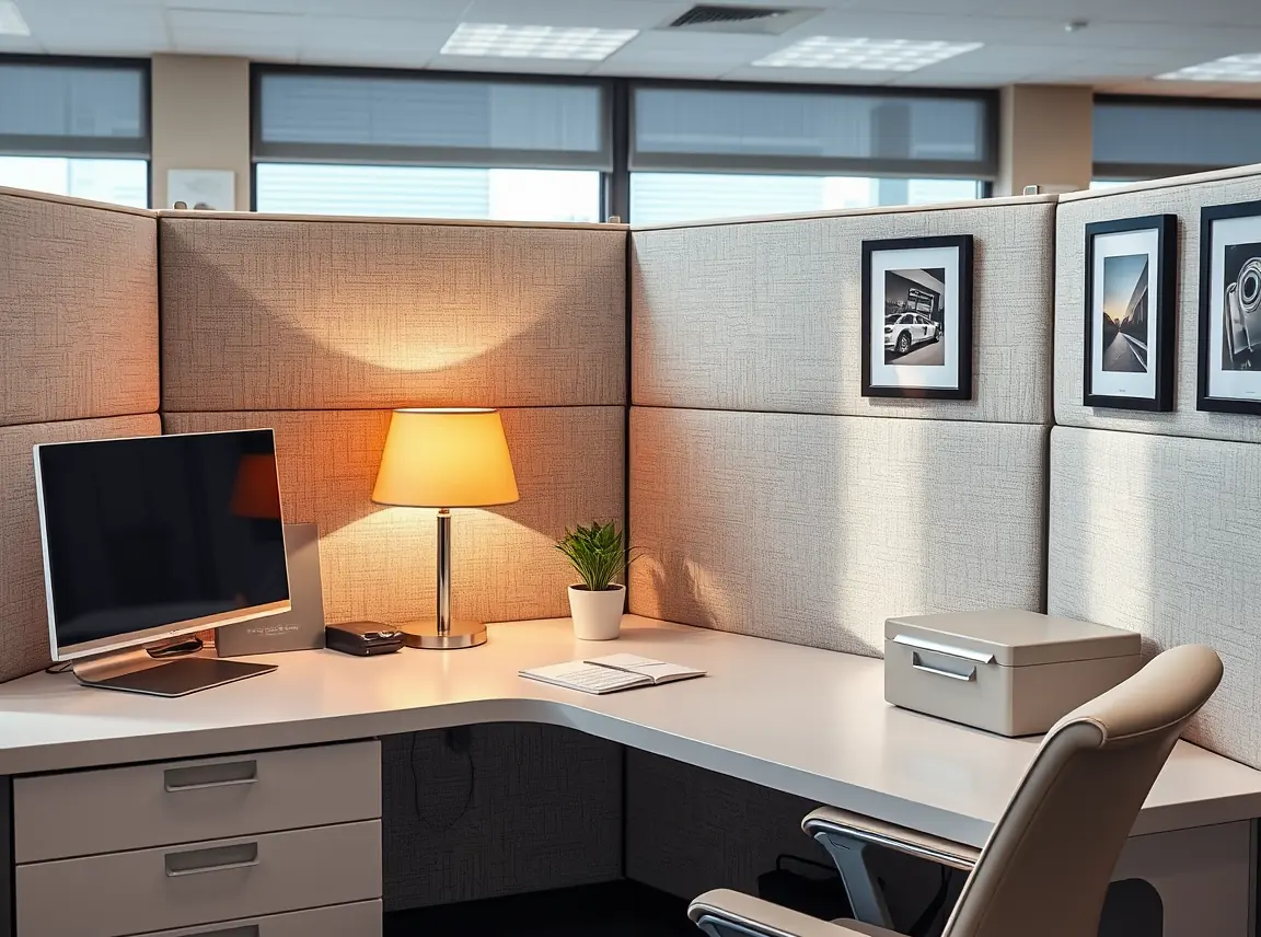 A classy office cubicle with a clean desk, sleek matching organizers, a warm desk lamp, a small plant, framed prints on the