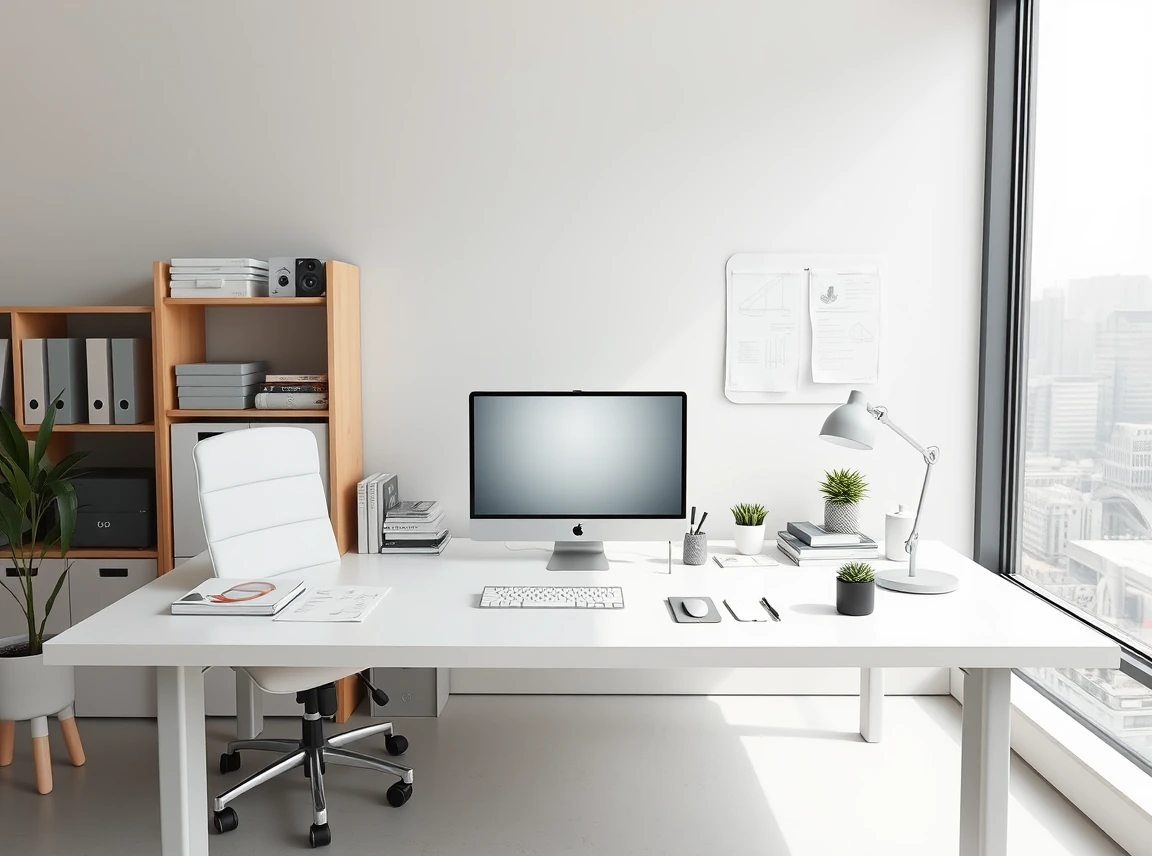 A clean office desk with only a few essential items and lots of open surface space, calm and uncluttered, no people, bright