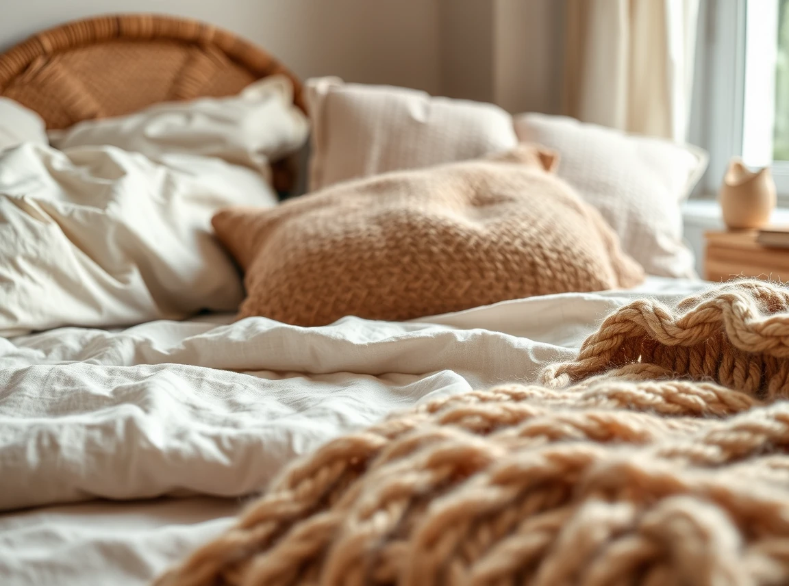 A close-up of layered textures on a dorm bed including linen, boucle, rattan, and chunky knit in warm neutral tones, soft