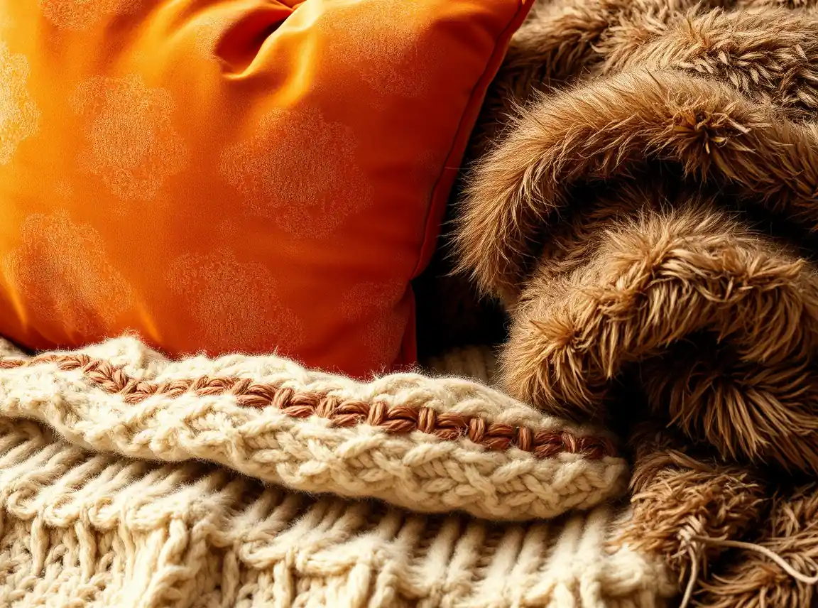 A close-up of mixed fall textures including a velvet pillow, a wool blanket, and a faux fur throw in warm tones, rich and