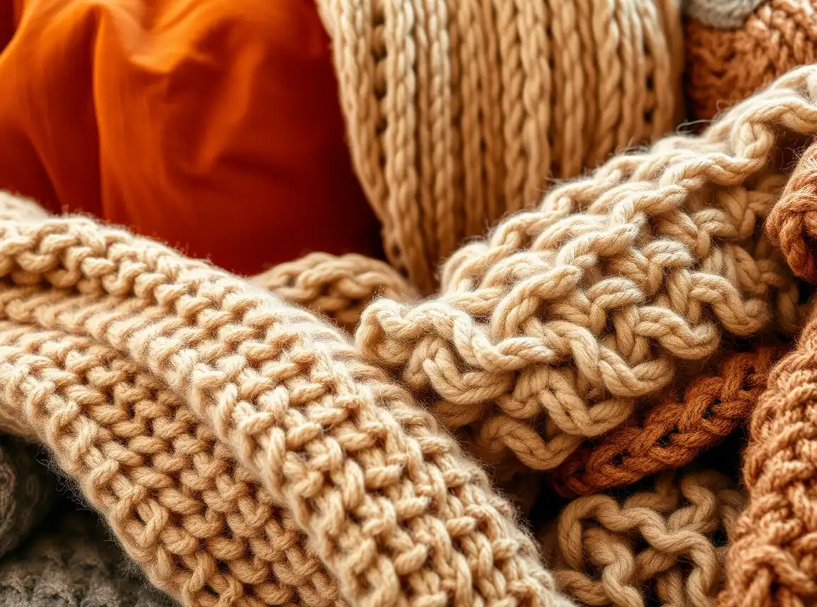 A close-up of mixed fall textures on a sofa including velvet, chunky knit, boucle, and wool in warm tones, rich and layered