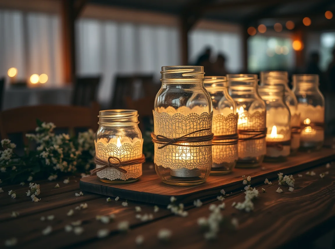 A cluster of clear mason jars wrapped in cream lace and jute twine, each holding a glowing tea light, sitting on a rough