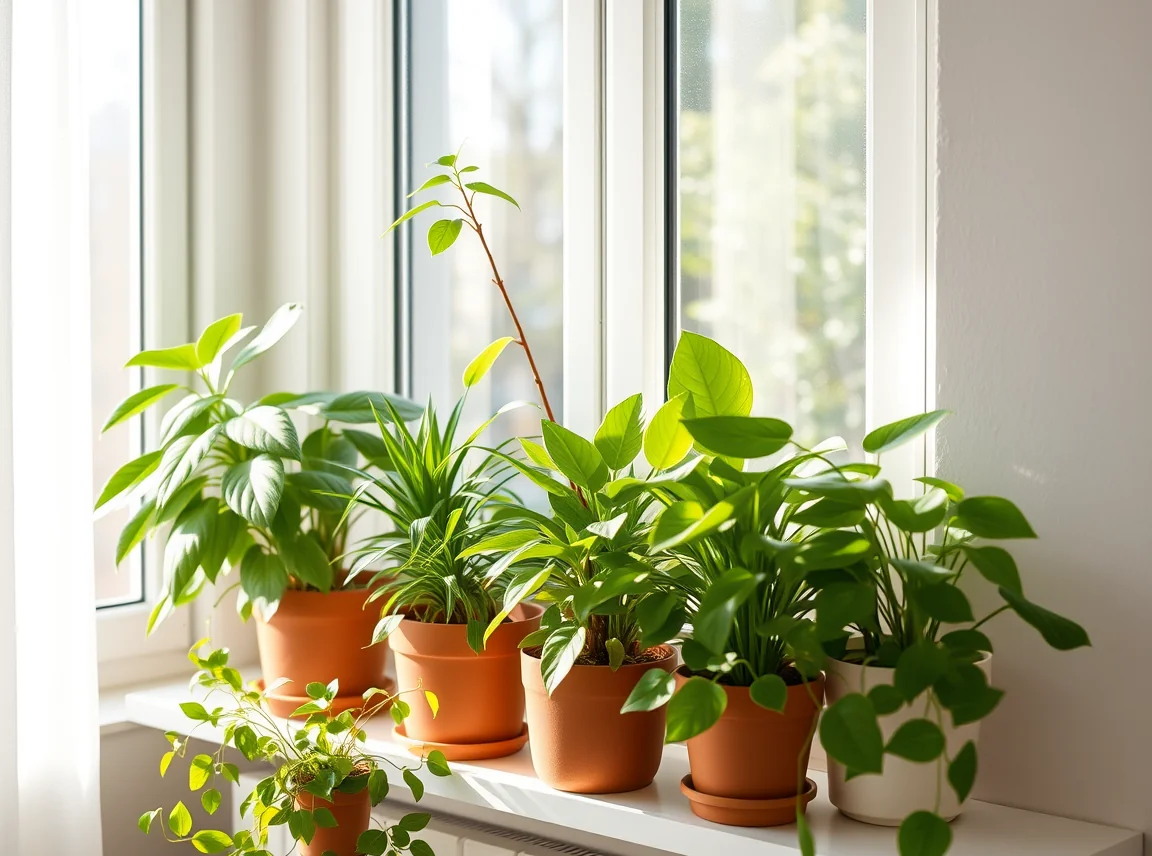 A cluster of green potted plants on a windowsill and shelf in a bright apartment, fresh and lively, soft natural light