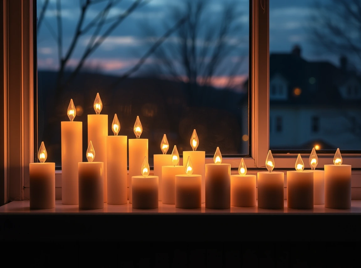 A cluster of LED flameless candles glowing softly on a dorm windowsill at dusk, warm flickering light, landscape photo
