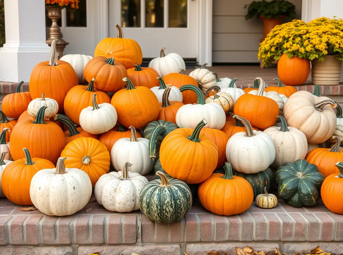 A cluster of pumpkins and gourds in orange, white, and green arranged on patio steps, classic fall display, no people, warm